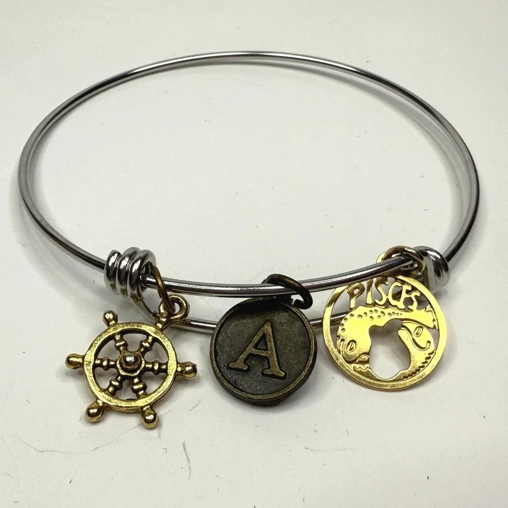 Zodiac Pisces Charm Bangle Bracelet Silver Gold Tone Initial A Nautical Wheel
